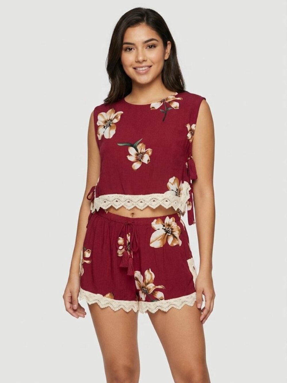 Umgee Women's Maroon Red Floral Eyelet Lace Trim 2-Piece Crop Top and Shorts Set